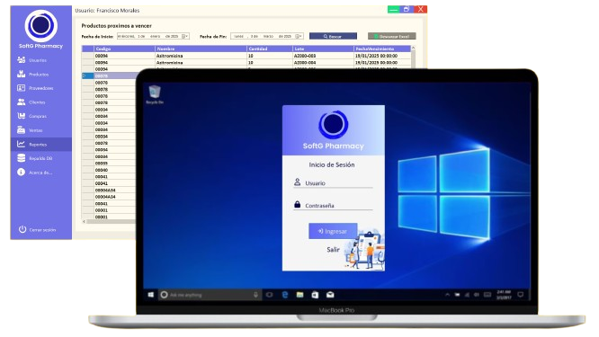 Interfaz de inicio de sesión del sistema SoftG POS, mostrando campos de usuario y contraseña