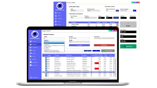 Captura de pantalla mostrando los módulos de SoftG: Usuarios, Productos, Proveedores, Clientes, Compras y Ventas.